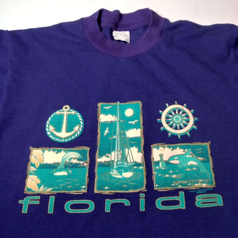 Vintage Florida Shirt Medium Purple Nautical Dolphin Whale Sailboat Ocean Purple